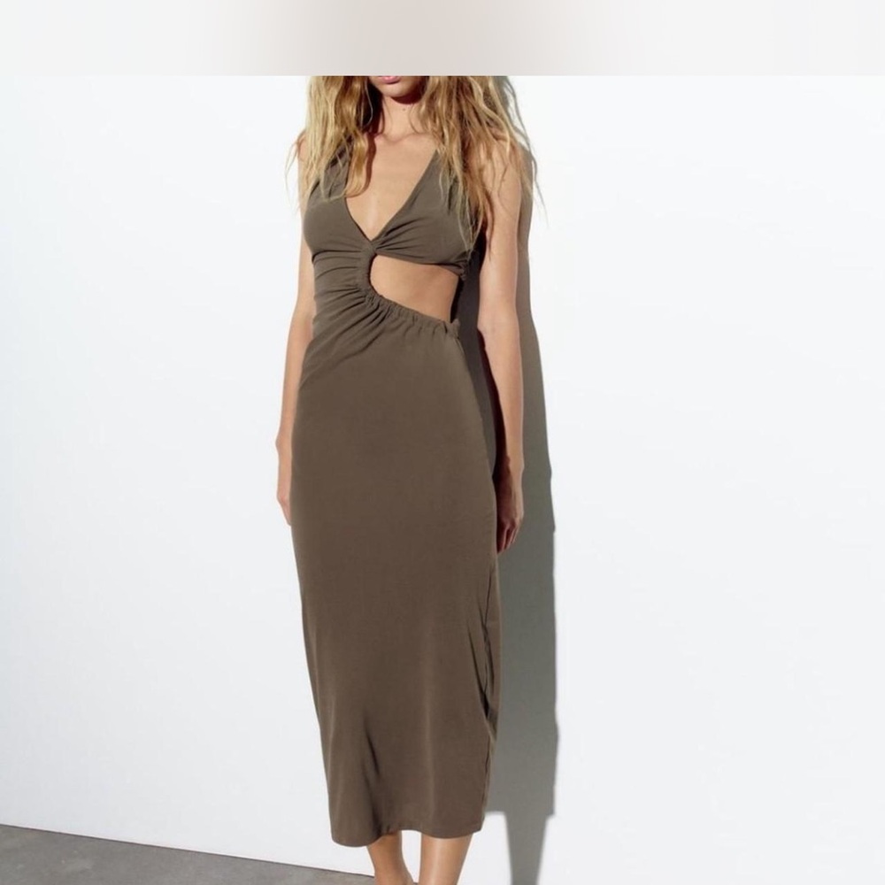 Zara Brown Asymmetrical Cut-Out Bodycon Midi Dress
